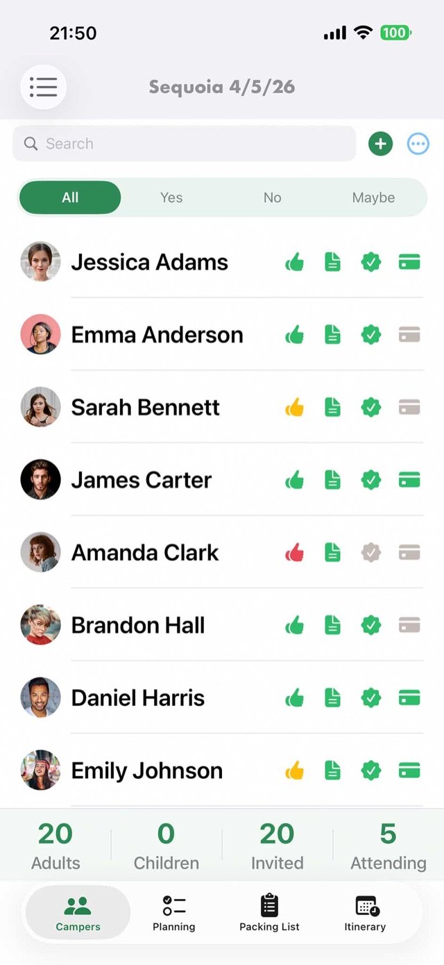 Pro Camping Planner campers list with confirmations and payments