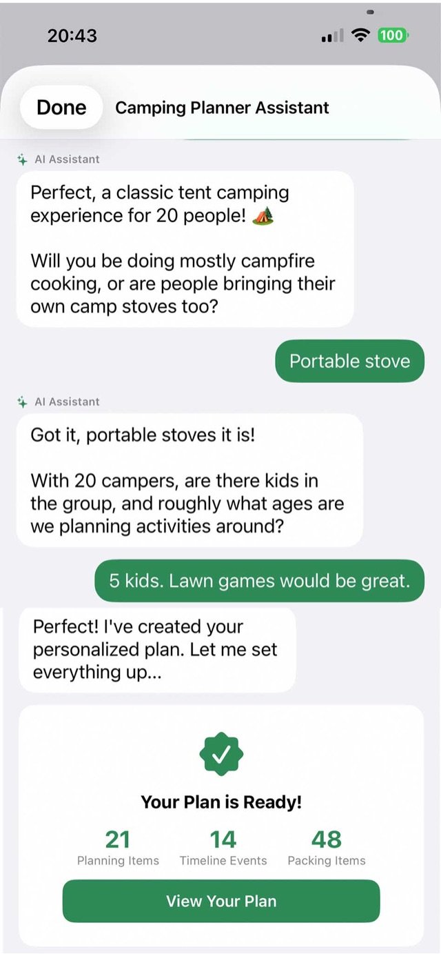 AI camping assistant building a trip plan