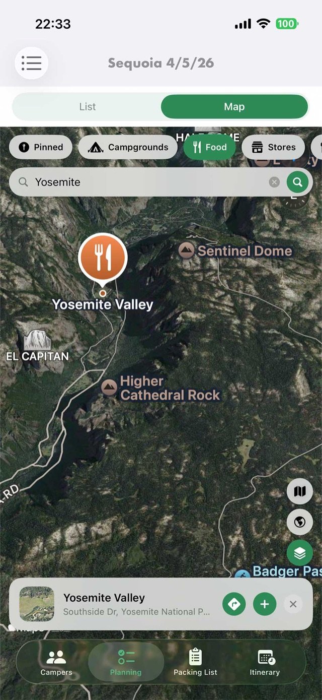 Satellite map of Yosemite with campground and food pins
