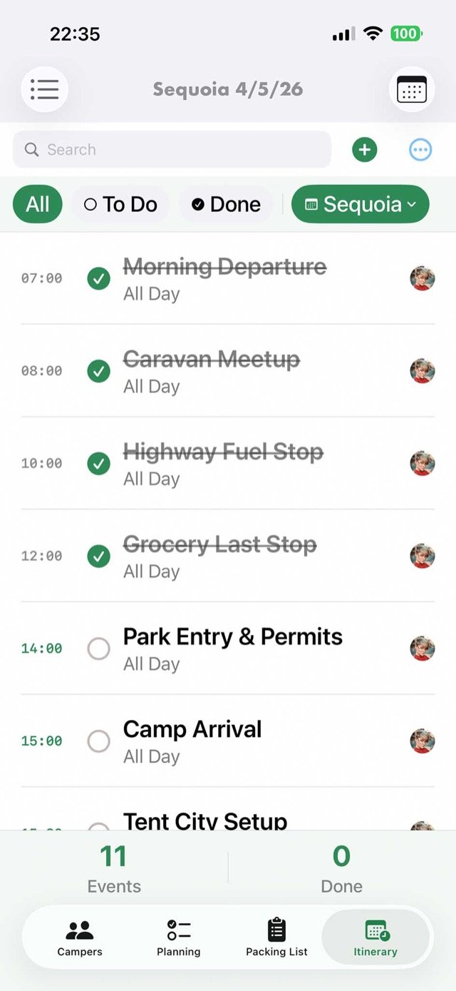 Departure day itinerary with caravan meetup and camp arrival