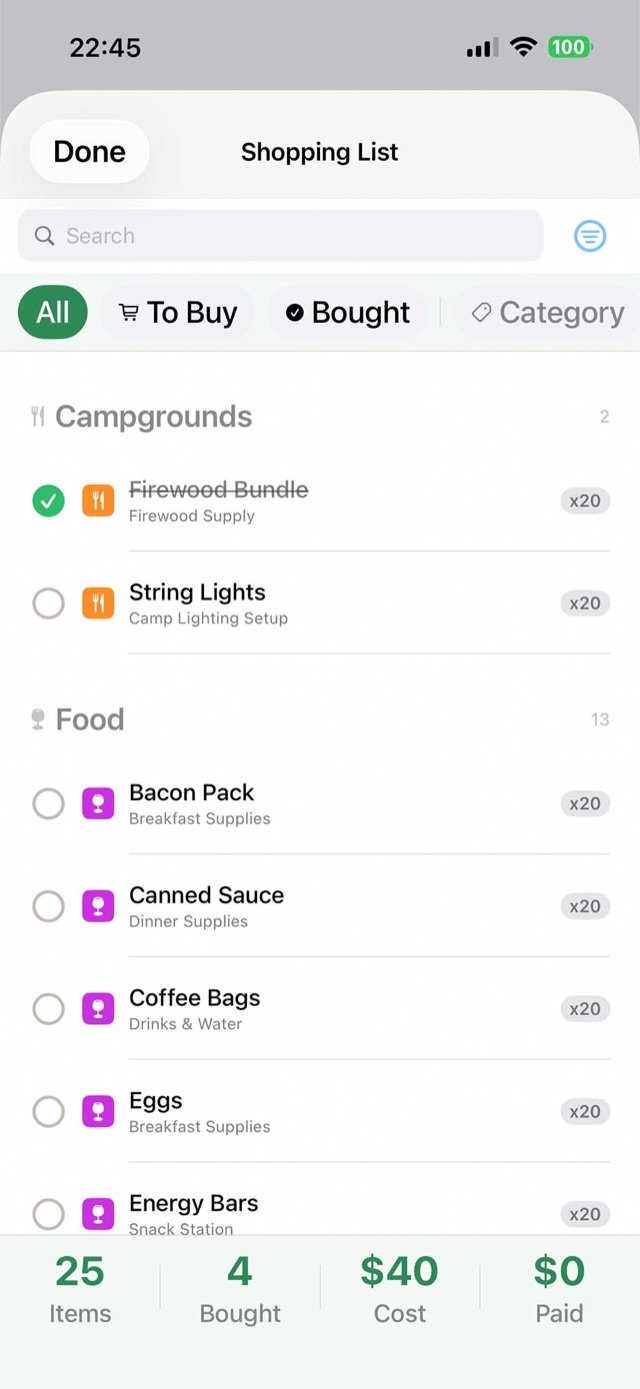 Camping shopping list with quantities by category