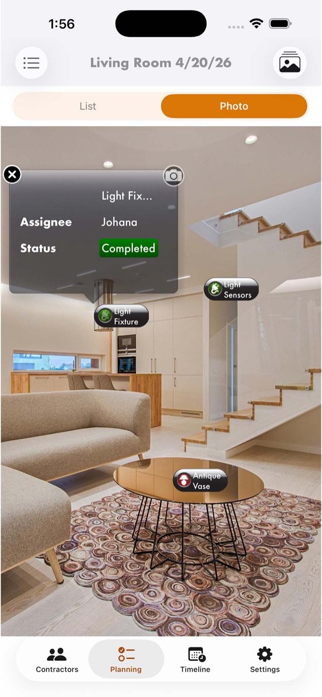 Living room photo with tasks pinned in augmented reality