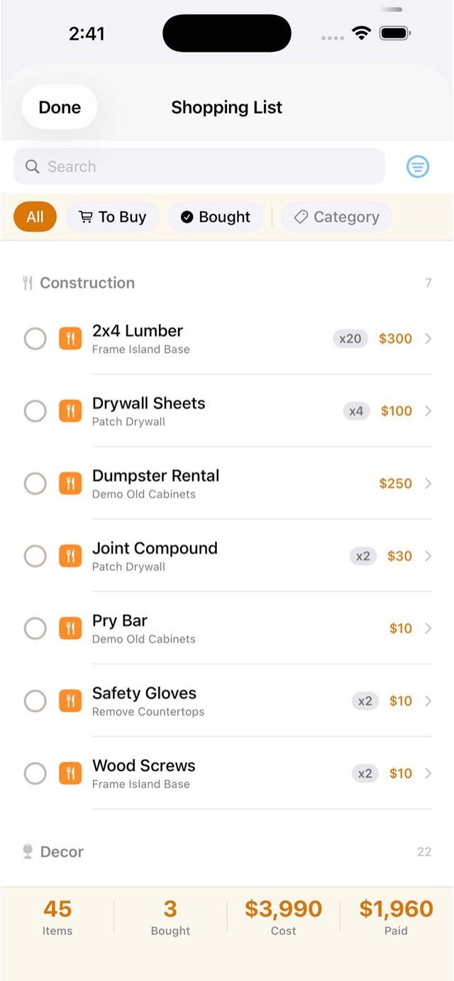 Construction materials shopping list with costs