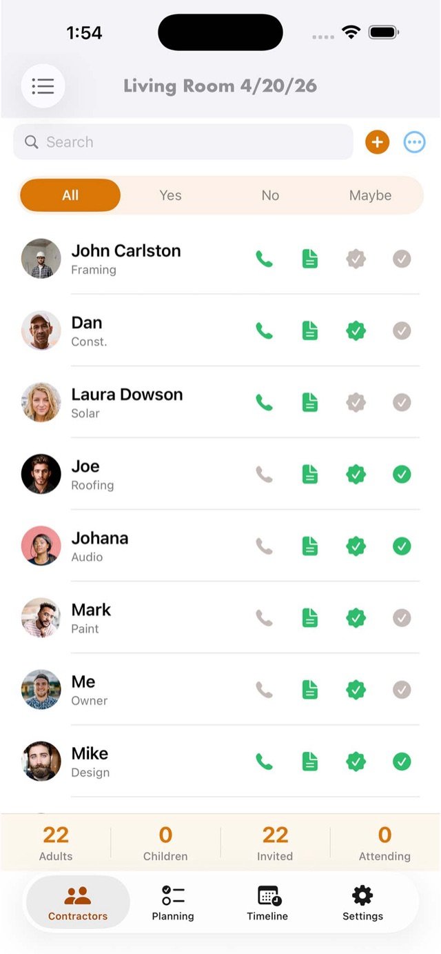 Contractor list with quotes and confirmations