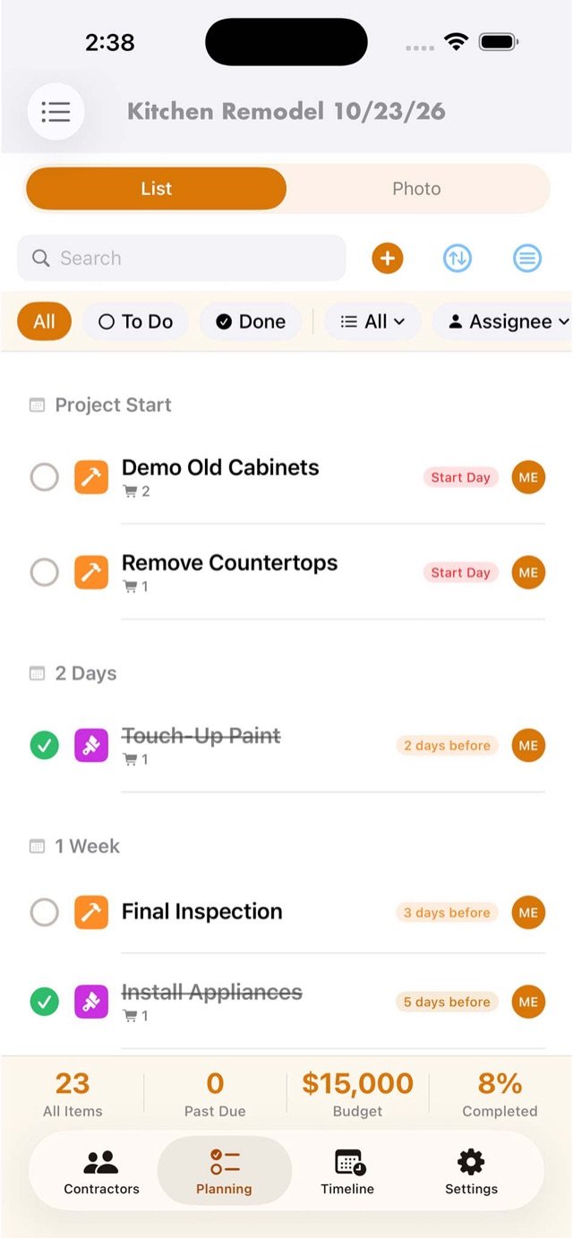 Kitchen remodel task list with budget and schedule