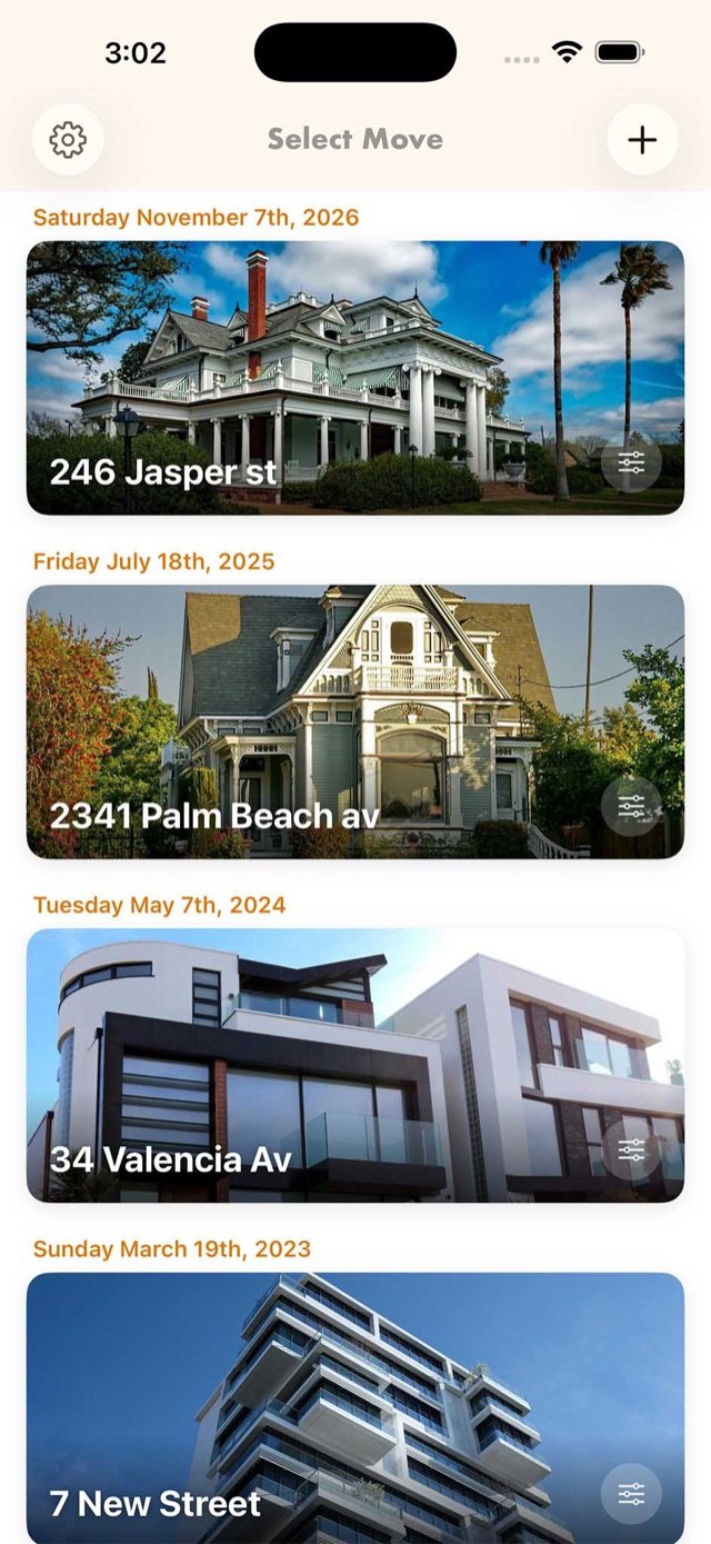 Pro Moving Planner moves list with home photos