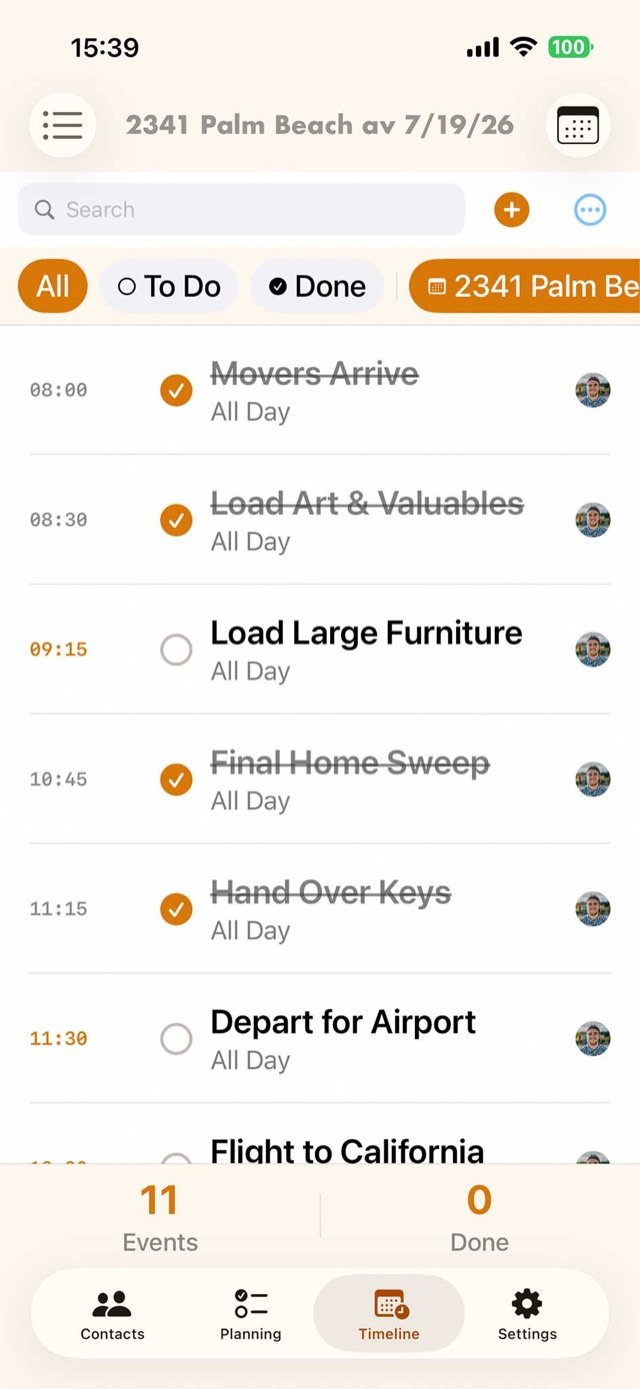 Moving day timeline with tasks by hour