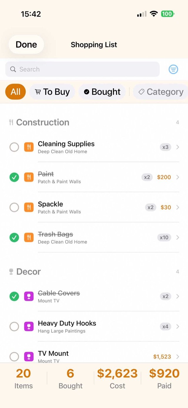Moving shopping list with costs by category