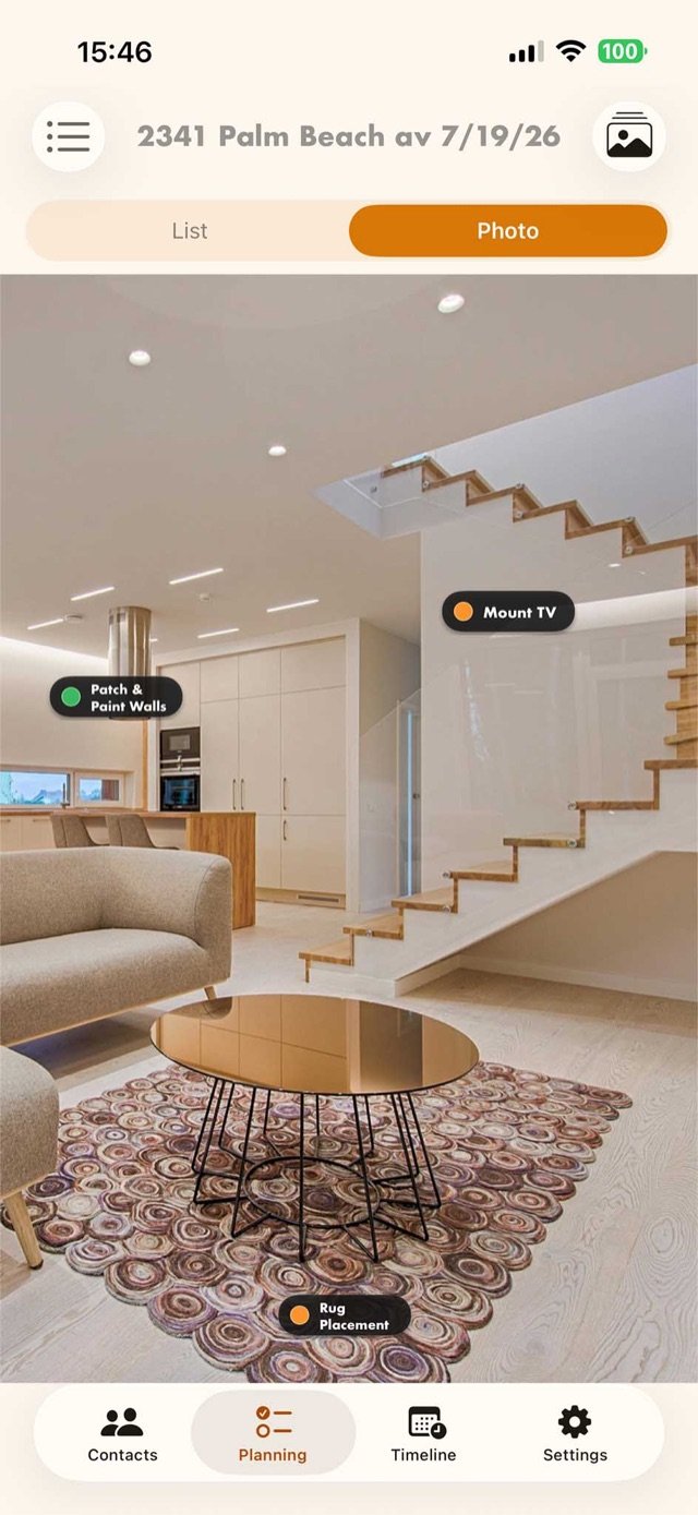 Room photo with furniture and task pins