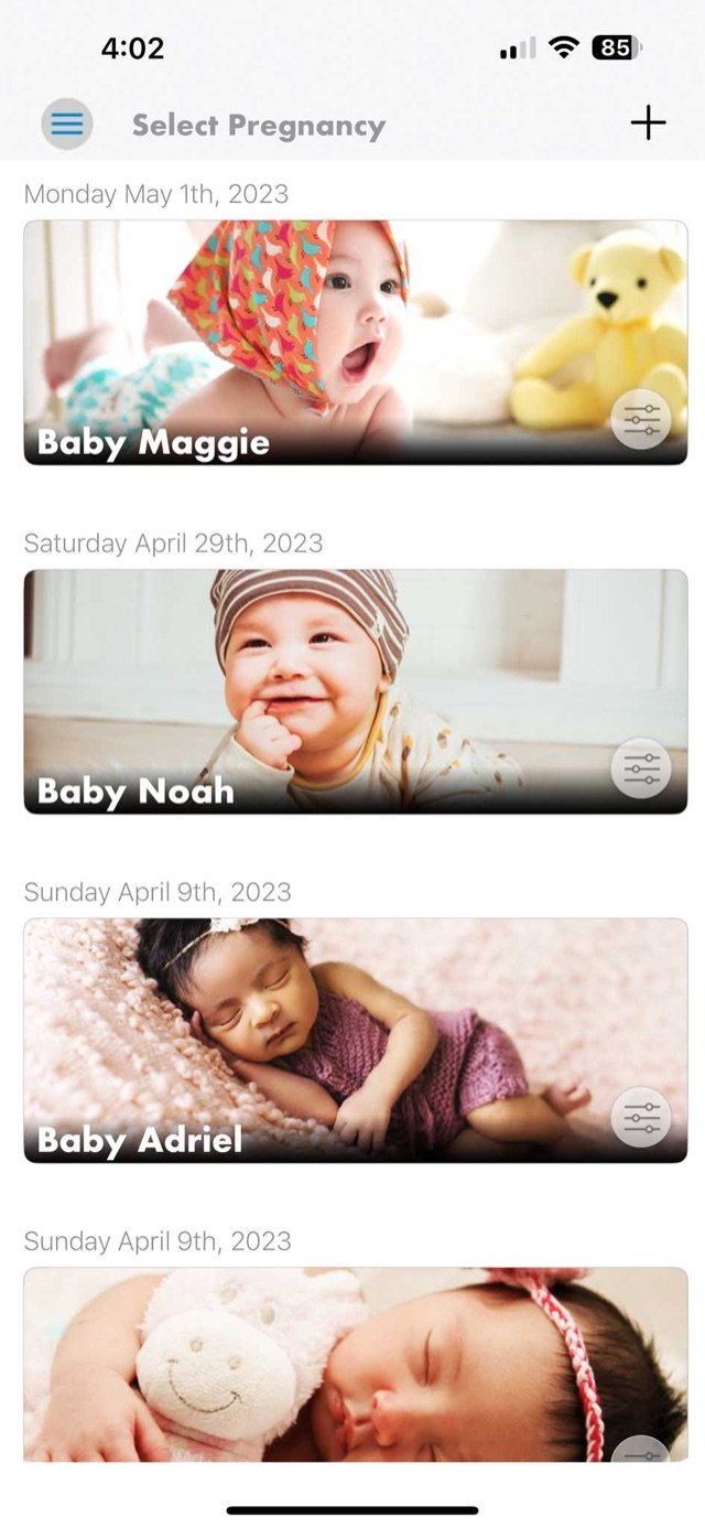 Pregnancy Organizer list of pregnancies with baby photos