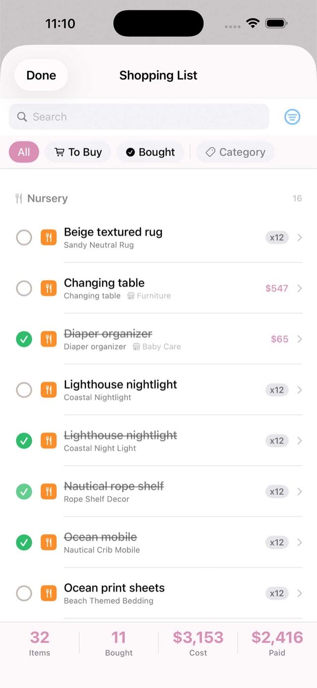 Nursery shopping list with costs