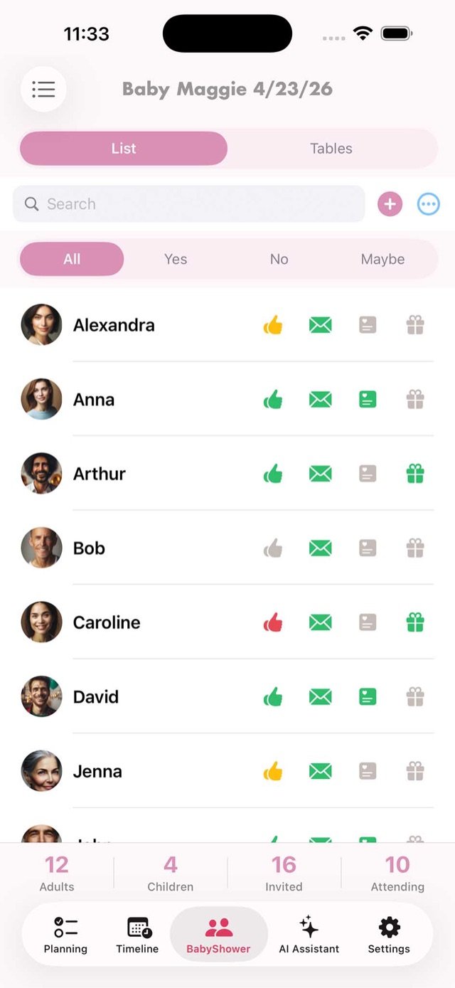 Baby shower guest list with RSVPs and gifts