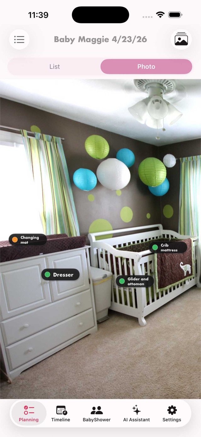 Nursery photo with furniture labels pinned