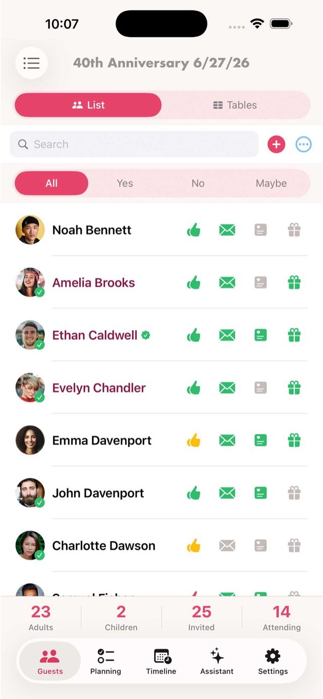 Pro Party Planner guest list with RSVP status, avatars and attendance stats