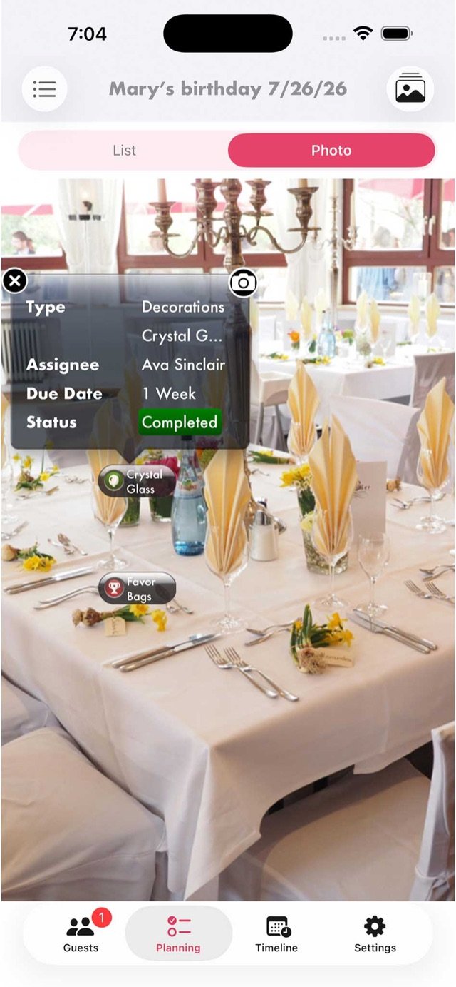 Venue photo with decoration tasks pinned directly on the picture