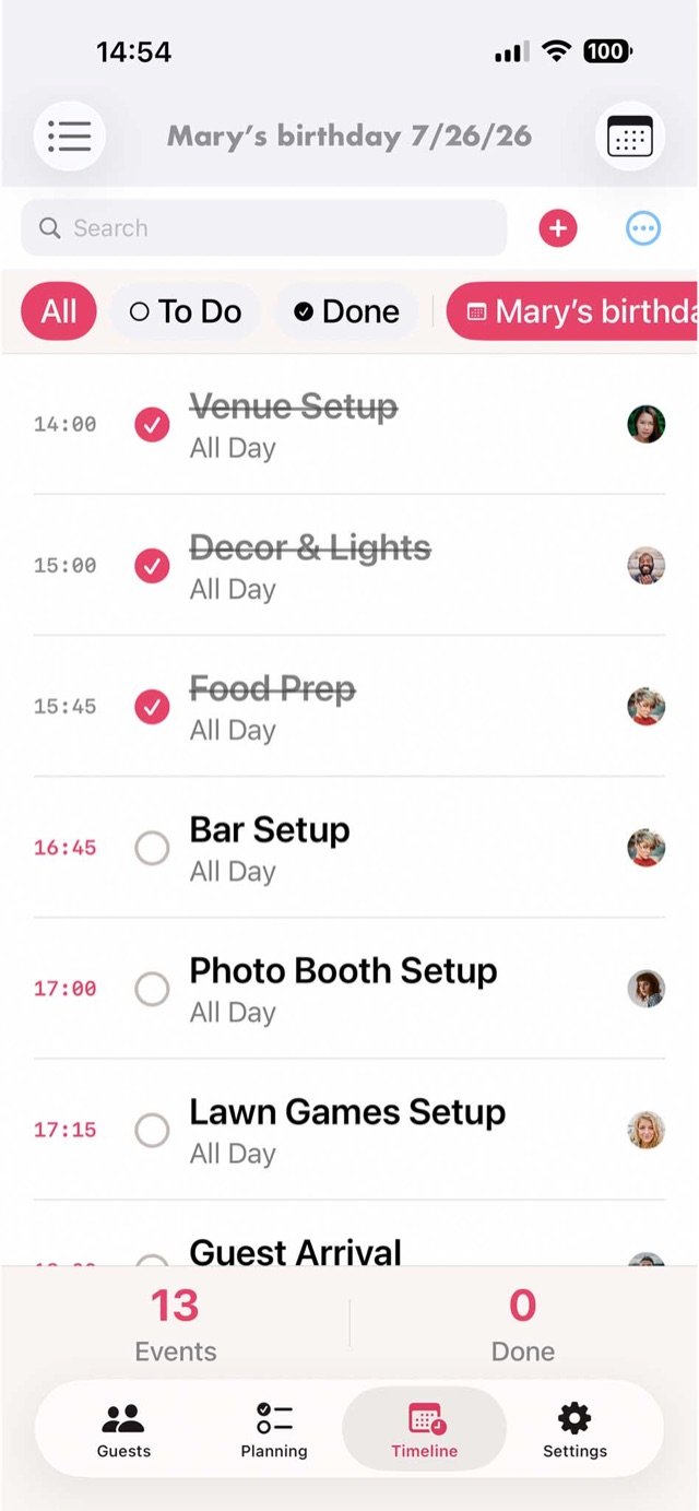 Party day timeline with reminders