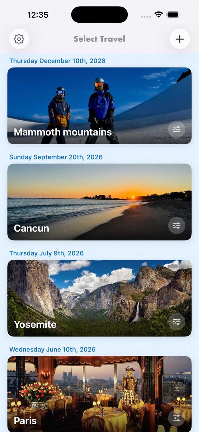 Pro Travel Planner trips list with Mammoth, Cancun, Yosemite and Paris