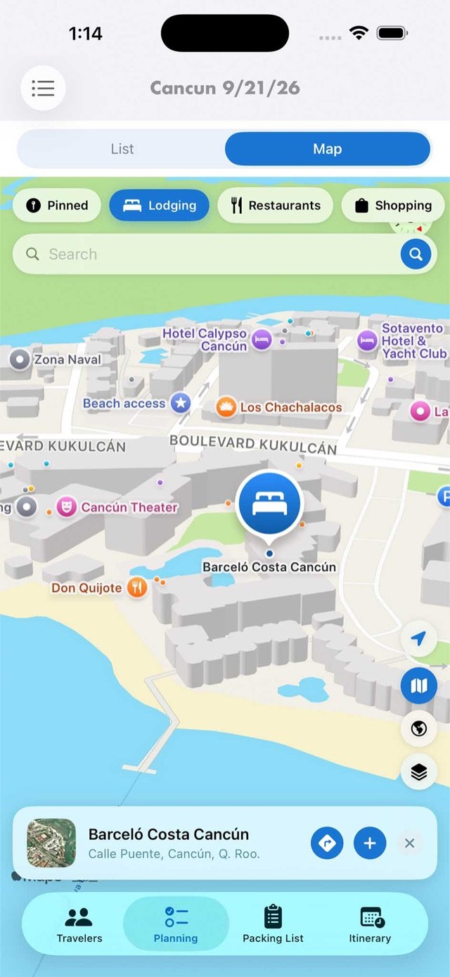 Interactive Apple Maps view with lodging and restaurants nearby