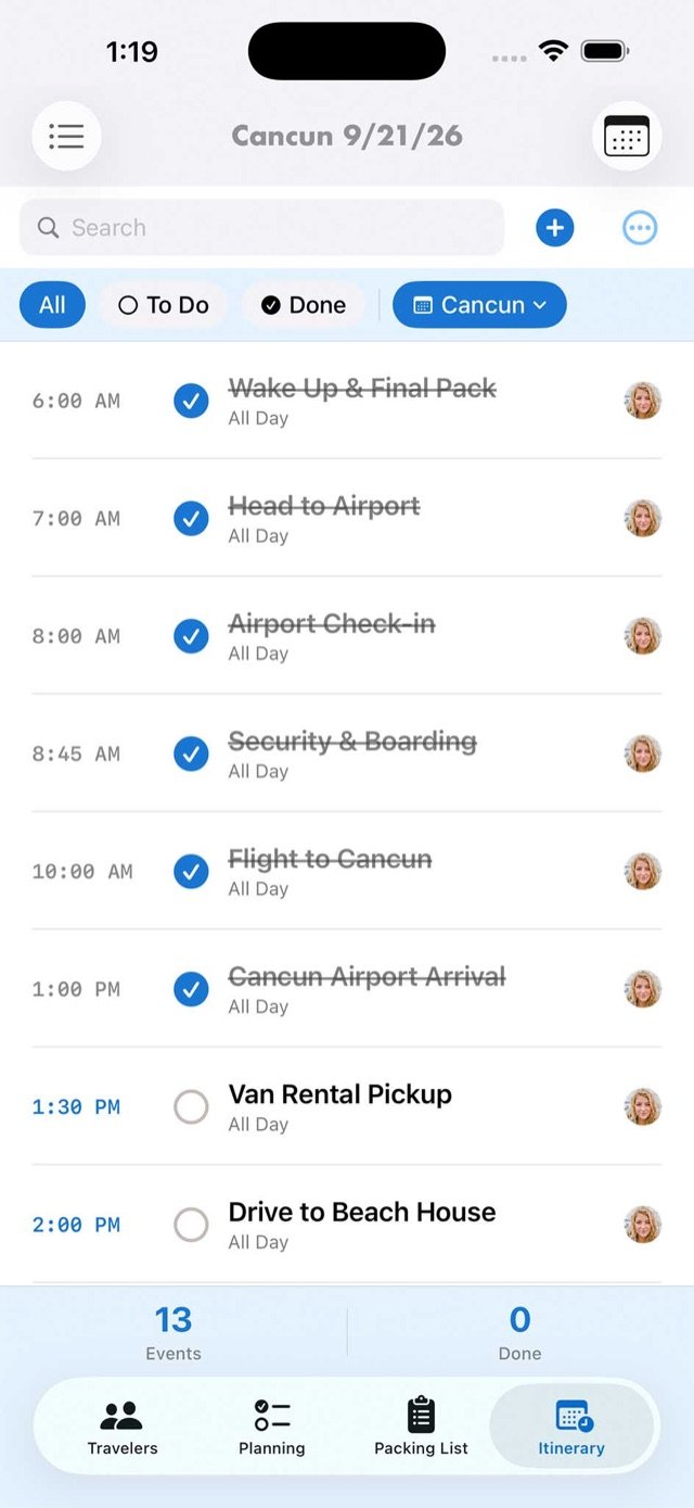 Travel day itinerary with times and reminders