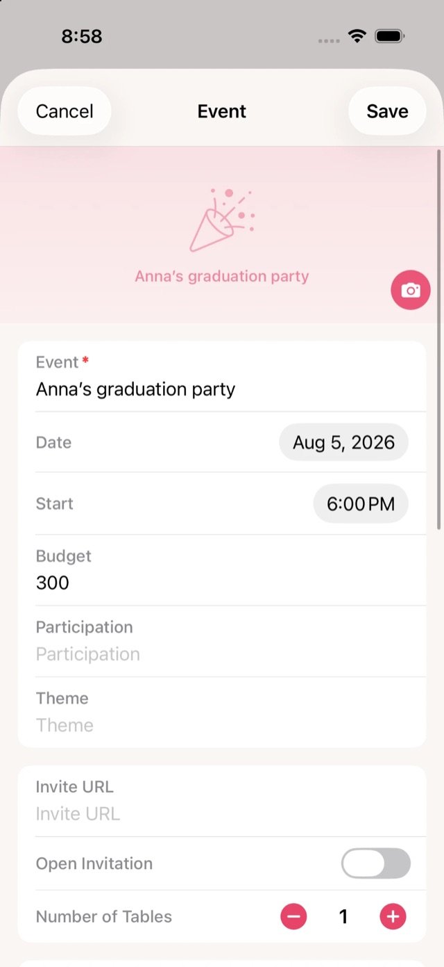Event settings showing name, date, start time and budget fields