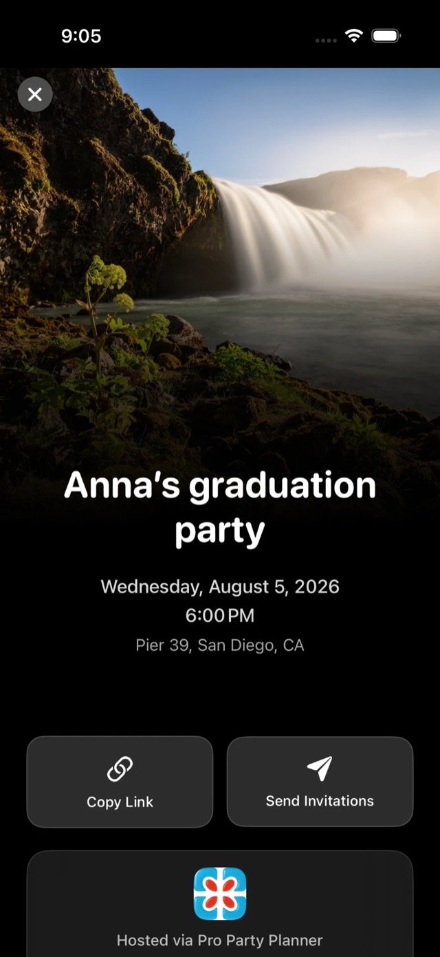 Invitation preview with a cover photo, showing Copy Link and Send Invitations