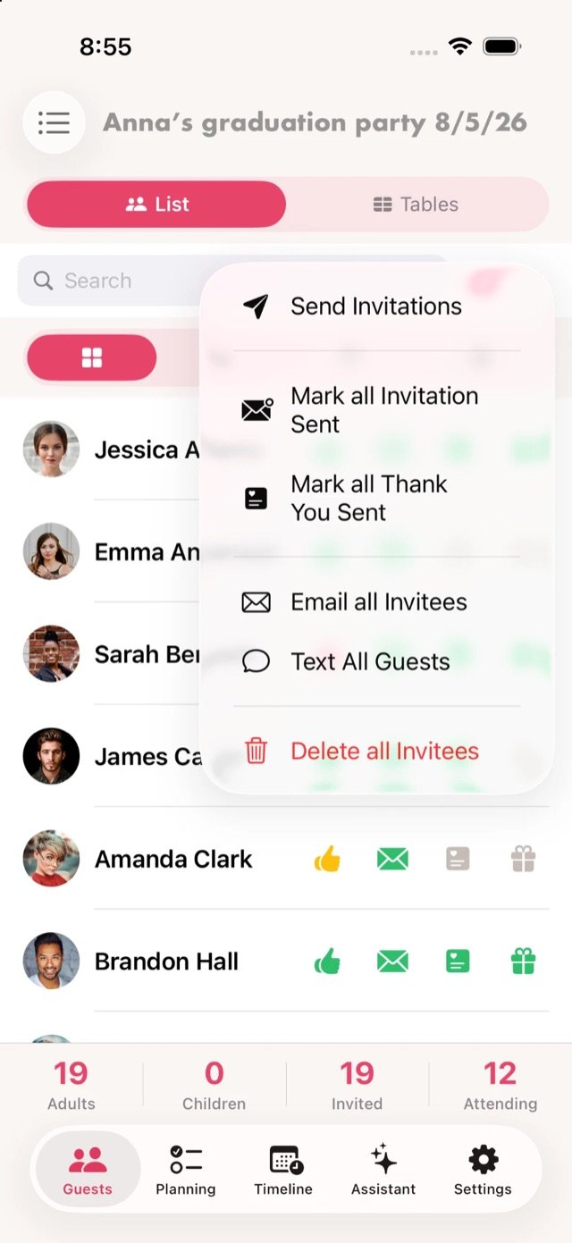 Guest list with the actions menu open showing Send Invitations