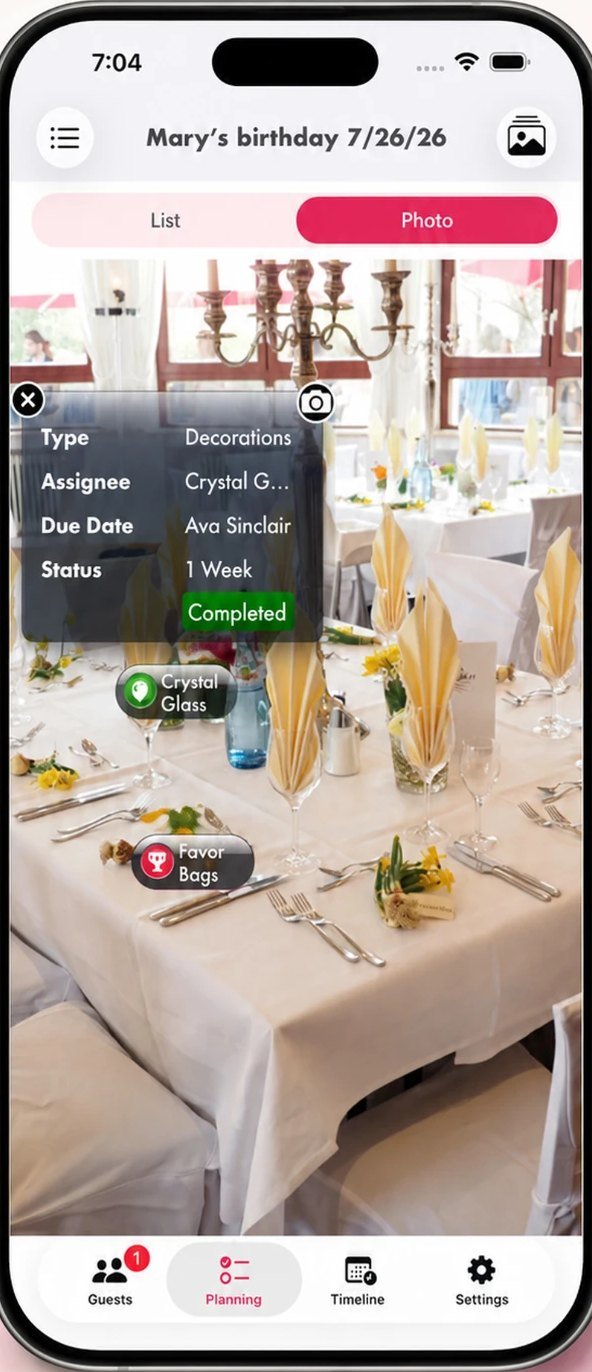 Venue photo with pinned decoration tasks