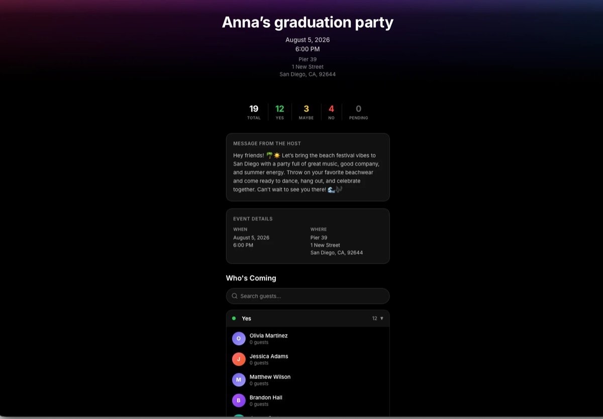 The web invitation page showing event details, RSVP tallies, host message and the guest list