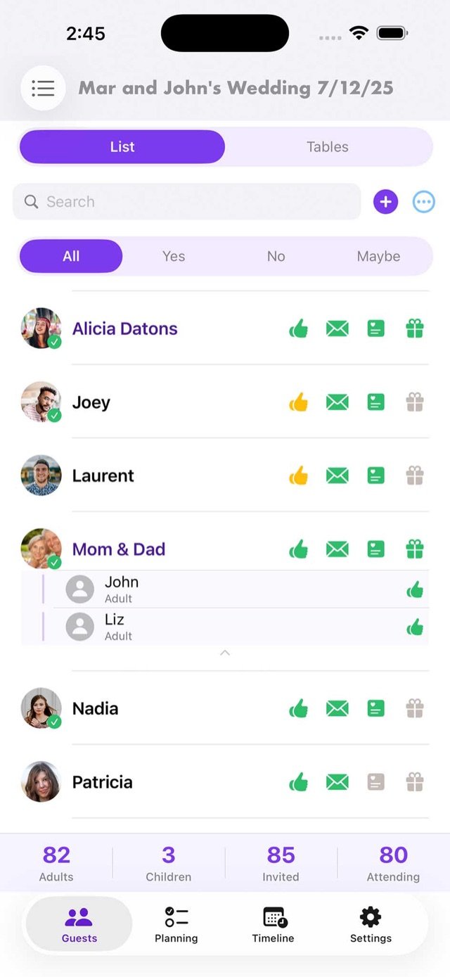 Pro Wedding Planner guest list with RSVP status and attendance stats