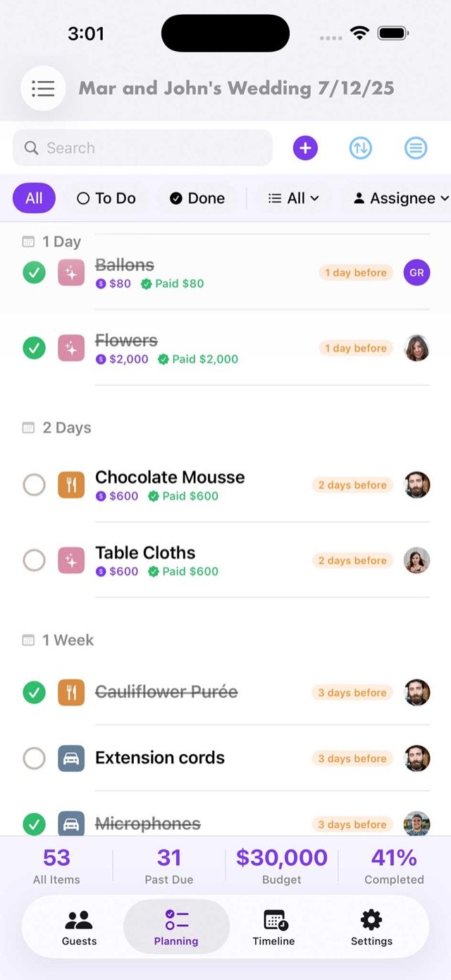 Wedding planning checklist with budget tracking