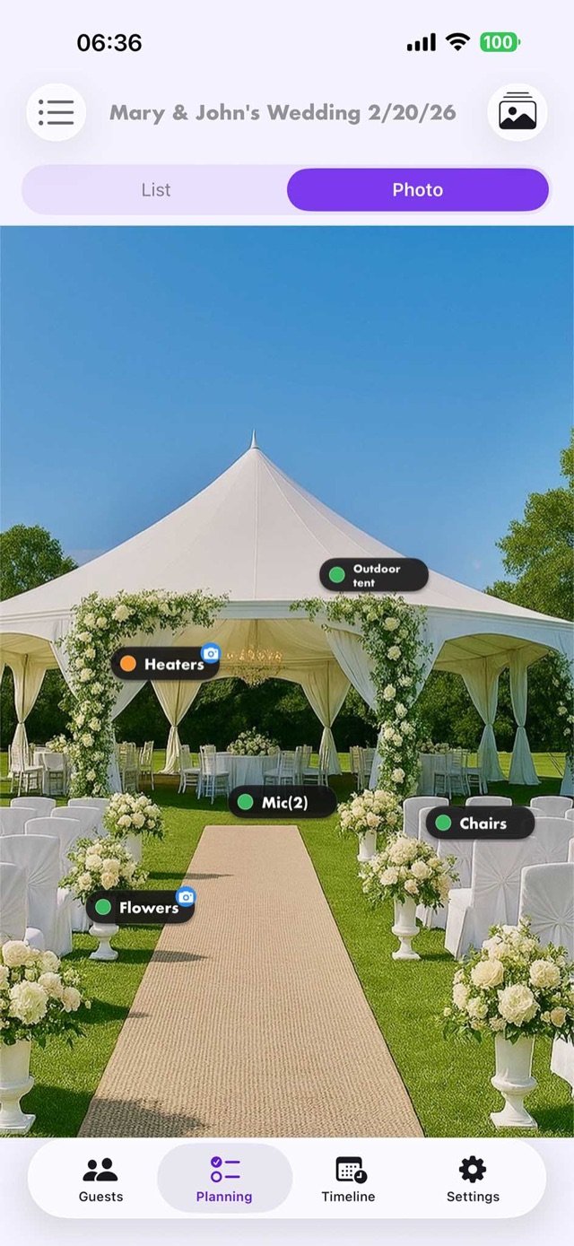 Venue photo with decor and logistics pinned in augmented reality